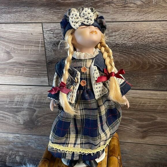 Vintage Porcelain Kissing Doll , Blonde Braids, Blue Plaid Dress 15” - Picture 3 of 8